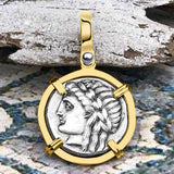 Ancient Greek Lion & Apollo Miletos Silver Drachm 350 BC 14K Gold Pendant