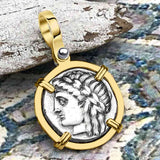 Ancient Greek Lion & Apollo Miletos Silver Drachm 350 BC 14K Gold Pendant
