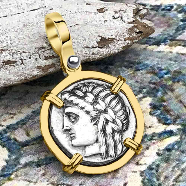 Ancient Greek Lion & Apollo Miletos Silver Drachm 350 BC 14K Gold Pendant
