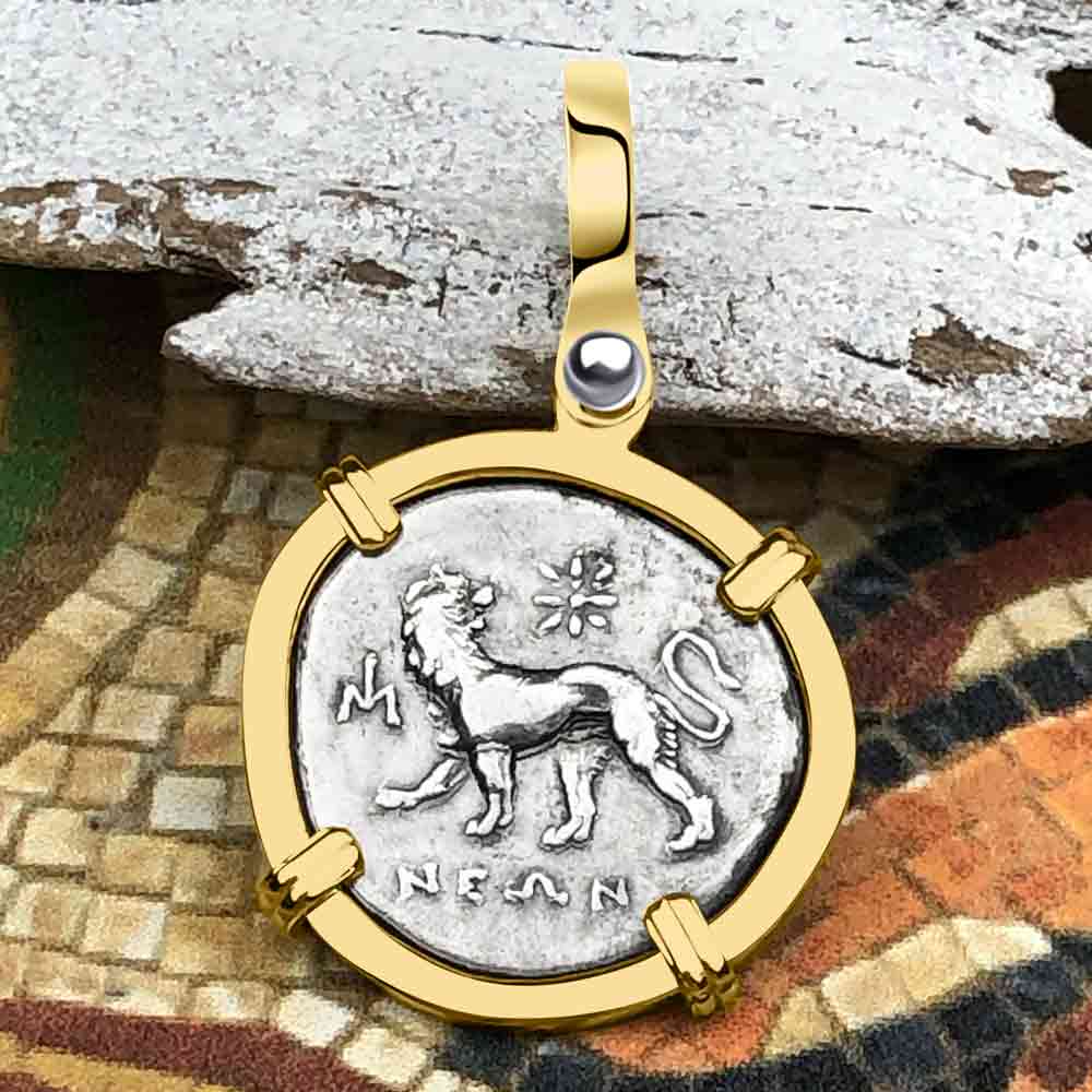 Ancient Greek Lion & Apollo Miletos Silver Drachm 350 BC 14K Gold Pendant