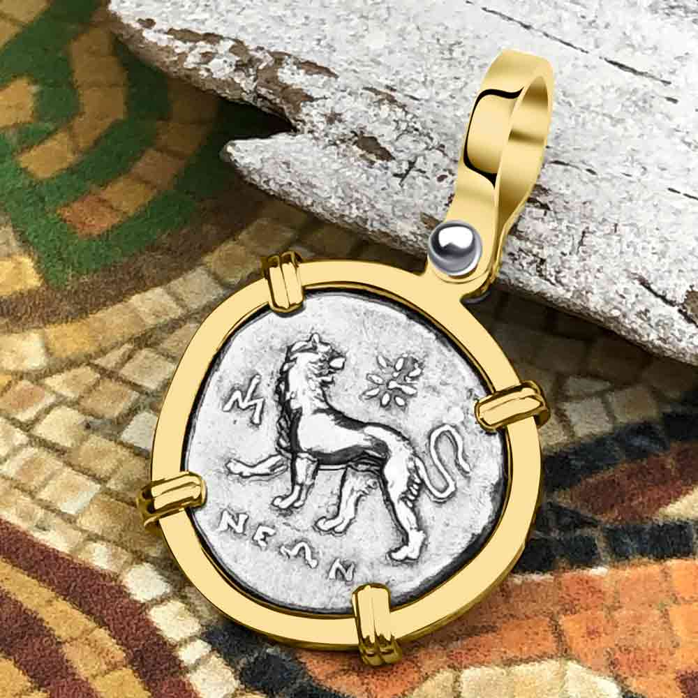 Ancient Greek Lion & Apollo Miletos Silver Drachm 350 BC 14K Gold Pendant