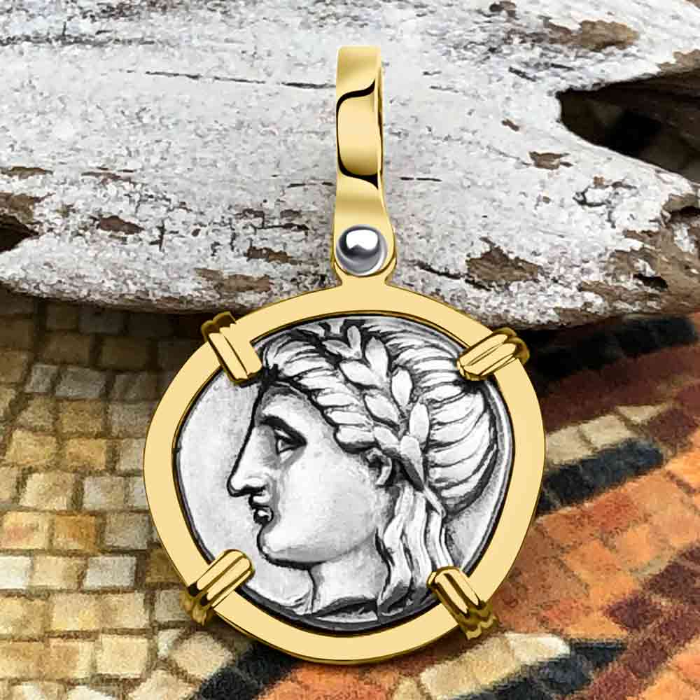 Ancient Greek Lion & Apollo Miletos Silver Drachm 350 BC 14K Gold Pendant
