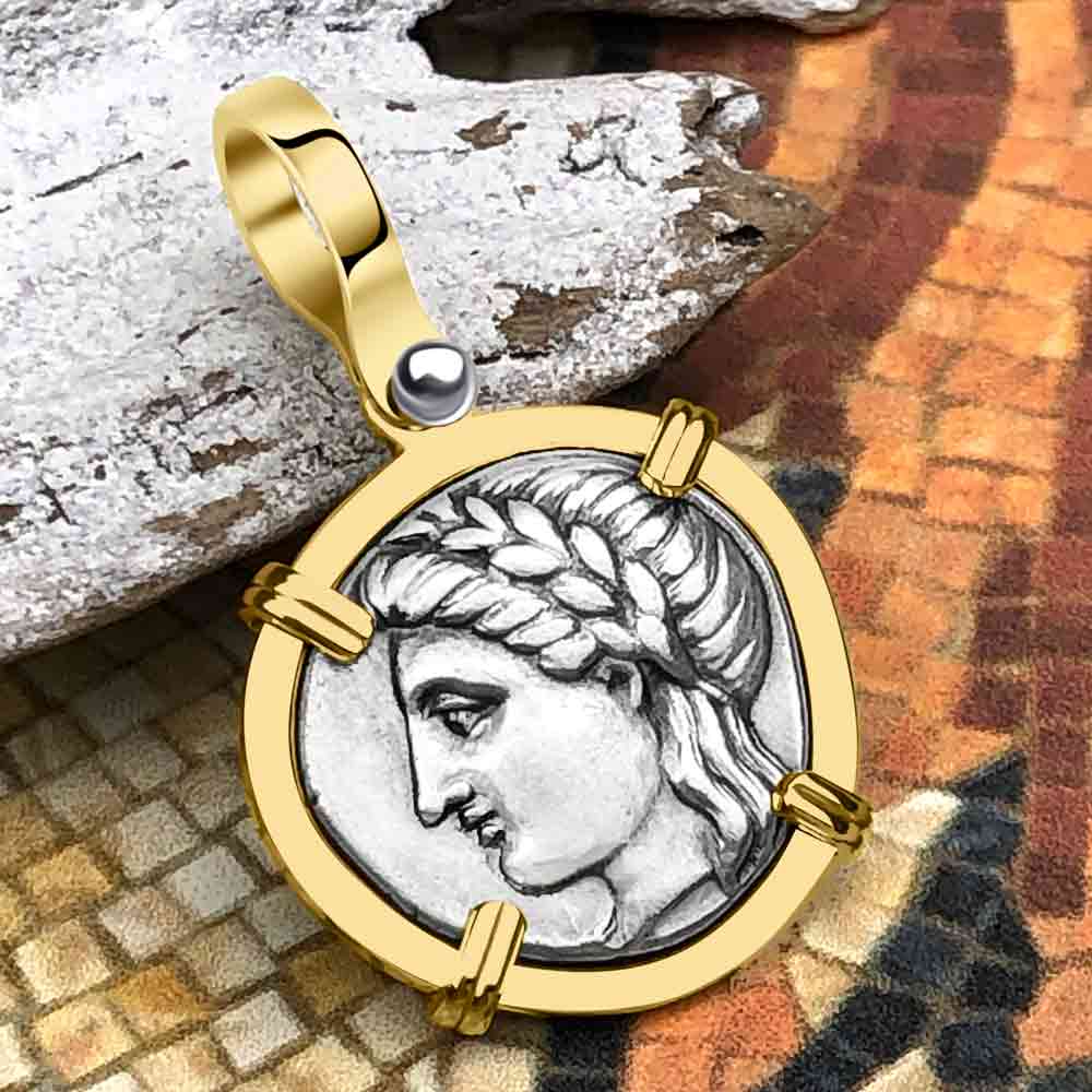 Ancient Greek Lion & Apollo Miletos Silver Drachm 350 BC 14K Gold Pendant