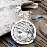 Ancient Greek Lion & Apollo Miletos Silver Drachm 350 BC 14K White Gold Pendant