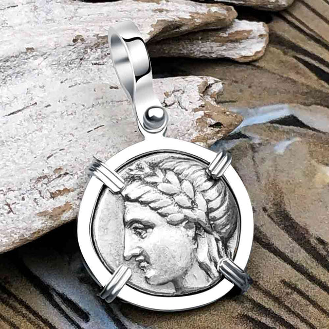 Ancient Greek Lion & Apollo Miletos Silver Drachm 350 BC 14K White Gold Pendant