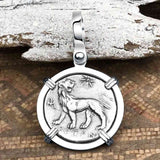 Ancient Greek Lion & Apollo Miletos Silver Drachm 350 BC 14K White Gold Pendant