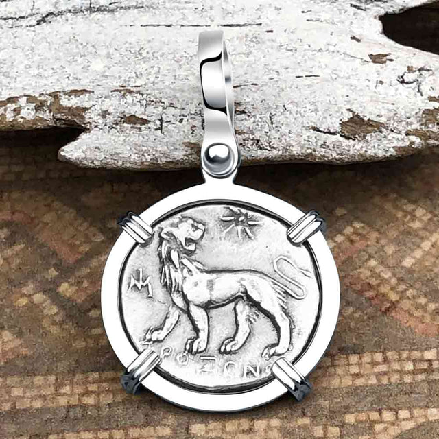Ancient Greek Lion & Apollo Miletos Silver Drachm 350 BC 14K White Gold Pendant