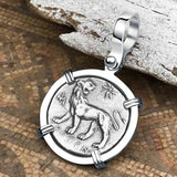 Ancient Greek Lion & Apollo Miletos Silver Drachm 350 BC 14K White Gold Pendant