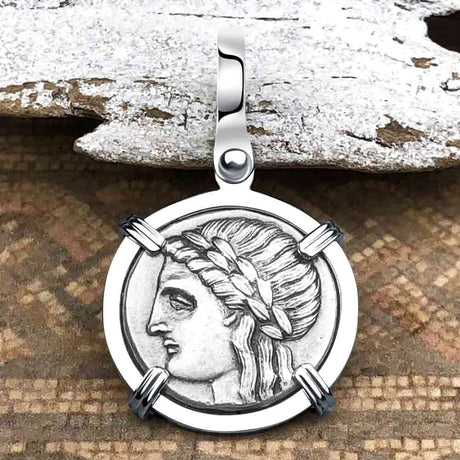 Ancient Greek Lion & Apollo Miletos Silver Drachm 350 BC 14K White Gold Pendant