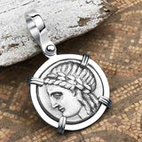 Ancient Greek Lion & Apollo Miletos Silver Drachm 350 BC 14K White Gold Pendant