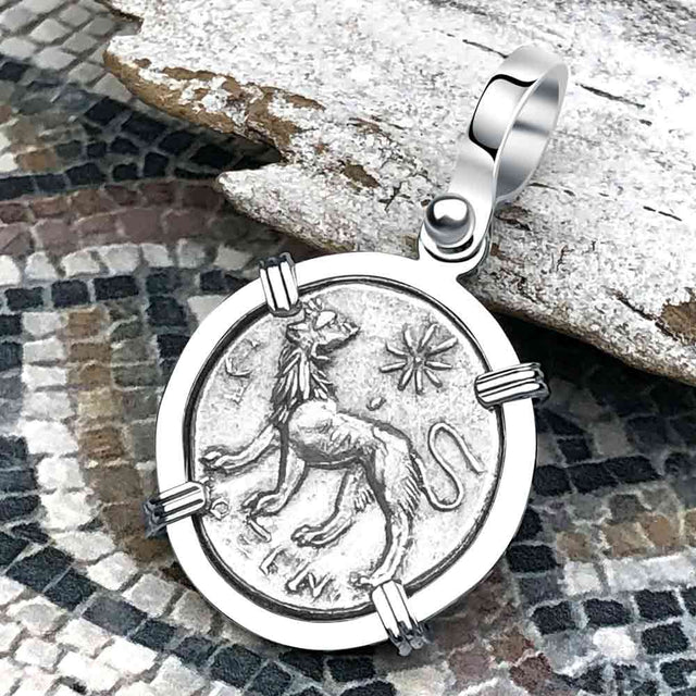 Ancient Greek Lion & Apollo Miletos Silver Drachm 350 BC 14K White Gold Pendant