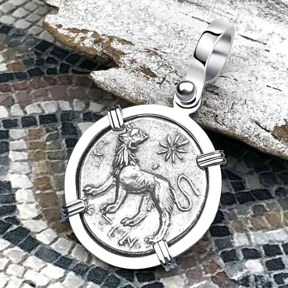 Ancient Greek Lion & Apollo Miletos Silver Drachm 350 BC 14K White Gold Pendant