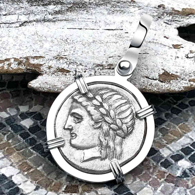 Ancient Greek Lion & Apollo Miletos Silver Drachm 350 BC 14K White Gold Pendant