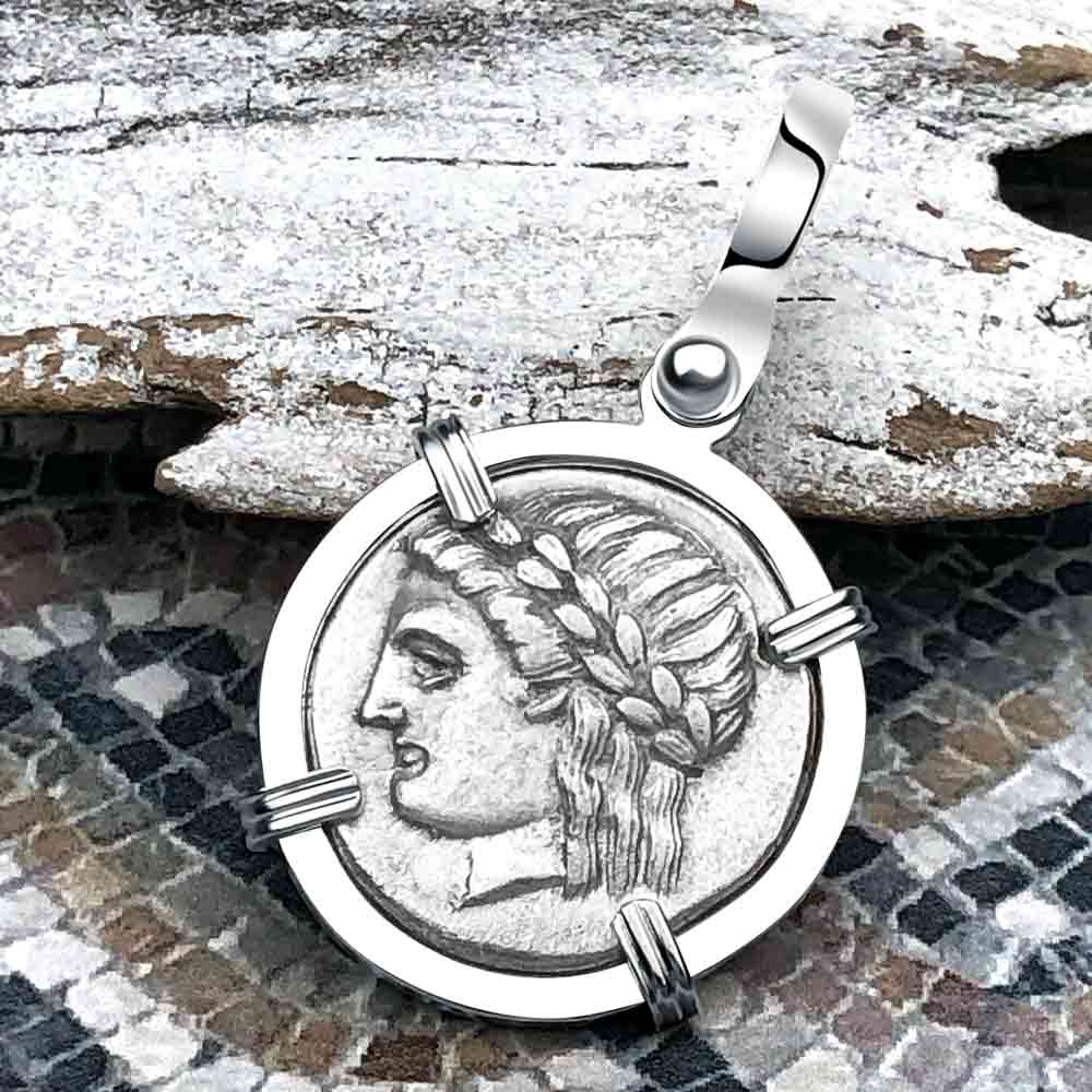 Ancient Greek Lion & Apollo Miletos Silver Drachm 350 BC 14K White Gold Pendant