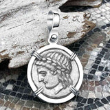 Ancient Greek Lion & Apollo Miletos Silver Drachm 350 BC 14K White Gold Pendant