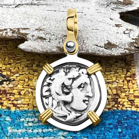Ancient Greek Alexander the Great Silver Drachm Coin 14K Gold & Sterling Silver Pendant