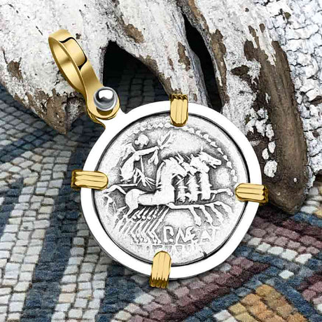 Roman Republic Denarius 132 BC Roma and Victory 14K Gold and Sterling Silver Pendant