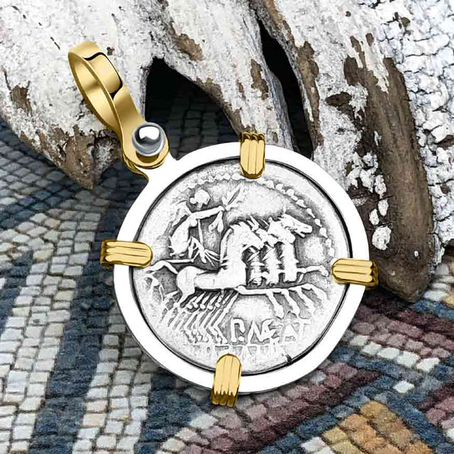 Roman Republic Denarius 132 BC Roma and Victory 14K Gold and Sterling Silver Pendant