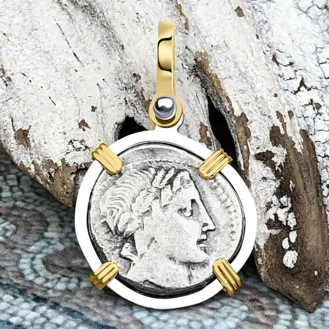 Roman Republic Silver Denarius 86 BC Apollo & Jupiter 14K Gold and Sterling Silver Pendant