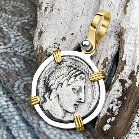 Roman Republic Silver Denarius 86 BC Apollo & Jupiter 14K Gold and Sterling Silver Pendant