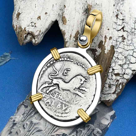 Roman Republic Silver Denarius 105 BC Juno and the Bull 14K Gold and Sterling Silver Pendant