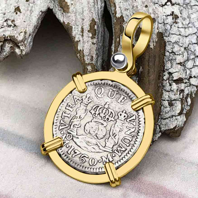 Pirate Era 1760 Spanish 1/2 Reale Piece of Eight Pillar Dollar Style Pendant in 14K Gold