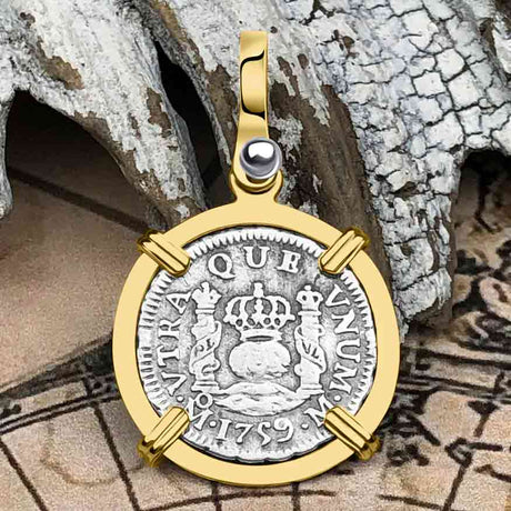 Pirate Era 1759 Spanish 1/2 Reale Piece of Eight Pillar Dollar Style Pendant in 14K Gold