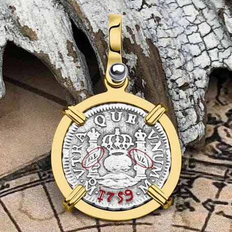 Pirate Era 1759 Spanish 1/2 Reale Piece of Eight Pillar Dollar Style Pendant in 14K Gold