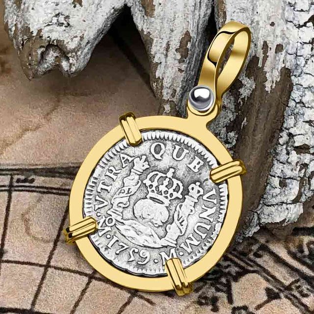 Pirate Era 1759 Spanish 1/2 Reale Piece of Eight Pillar Dollar Style Pendant in 14K Gold