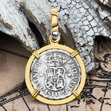 Pirate Era 1759 Spanish 1/2 Reale Piece of Eight Pillar Dollar Style Pendant in 14K Gold