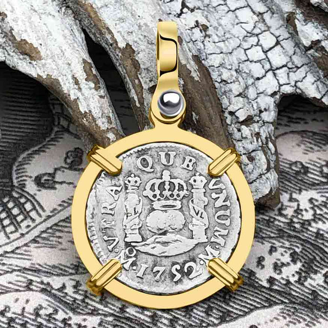 Pirate Era 1752 Spanish 1/2 Reale Piece of Eight Pillar Dollar Style Pendant in 14K Gold