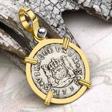 Pirate Era 1739 Spanish 1/2 Reale Piece of Eight Pillar Dollar Style Pendant in 14K Gold