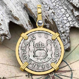 Pirate Era 1745 Spanish 1 Reale Piece of Eight Pillar Dollar Style Pendant in 14K Gold