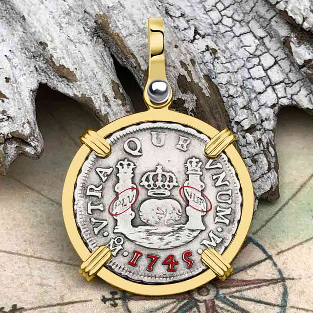 Pirate Era 1745 Spanish 1 Reale Piece of Eight Pillar Dollar Style Pendant in 14K Gold