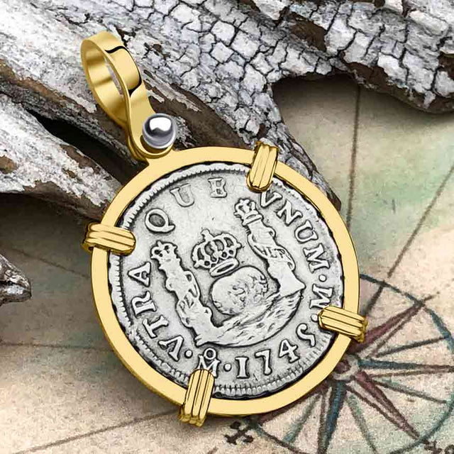 Pirate Era 1745 Spanish 1 Reale Piece of Eight Pillar Dollar Style Pendant in 14K Gold