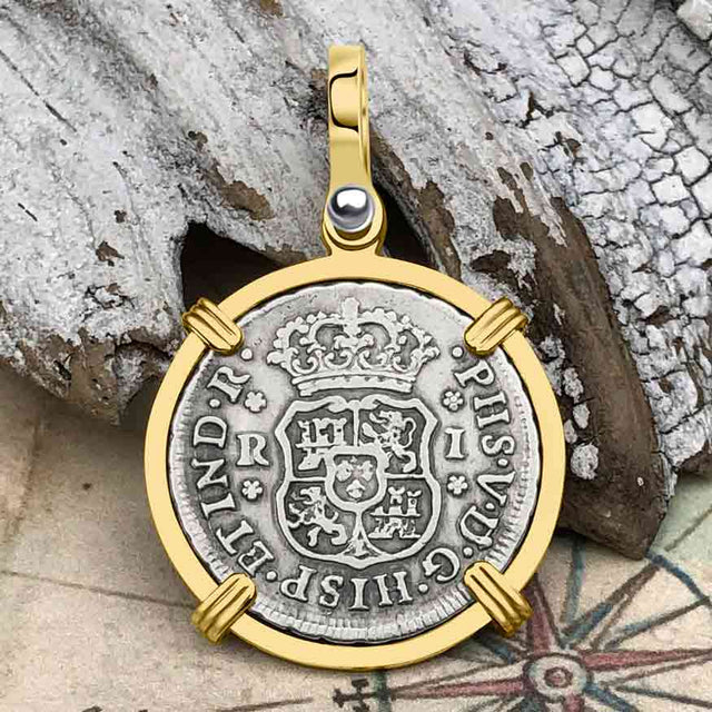 Pirate Era 1745 Spanish 1 Reale Piece of Eight Pillar Dollar Style Pendant in 14K Gold