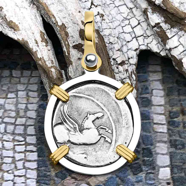 Roman Republic Silver Denarius 90 BC Pegasus 14K Gold and Sterling Silver Pendant