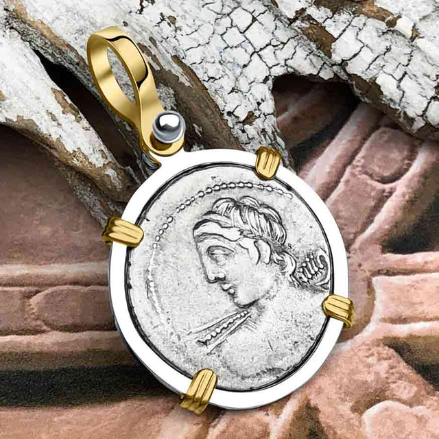 Roman Republic Silver Denarius 84 BC Apollo and Minerva 14K Gold and Sterling Silver Pendant