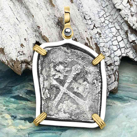 1715 Fleet Shipwreck Spanish 4 Reale Piece of 8 14K Gold and Sterling Silver Pendant