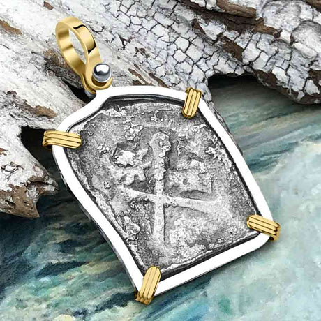1715 Fleet Shipwreck Spanish 4 Reale Piece of 8 14K Gold and Sterling Silver Pendant