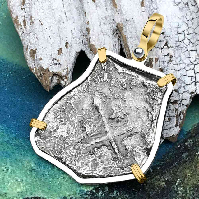 Concepcion Shipwreck 4 Reale Silver Piece of 8 14K Gold & Sterling Silver Pendant | Artifact #4011