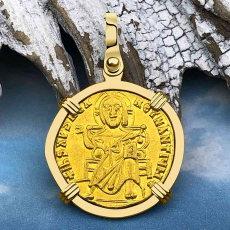 Extremely Rare Byzantine Jesus Christ 24K Gold Solidus Coin Circa 867 AD 18K Gold Pendant