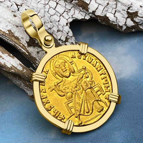 Extremely Rare Byzantine Jesus Christ 24K Gold Solidus Coin Circa 867 AD 18K Gold Pendant