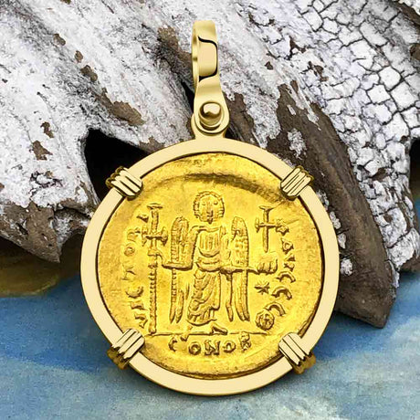 Roman Byzantine Empire Victory Angel 24K Gold Solidus Coin circa 518 AD 18K Gold Pendant