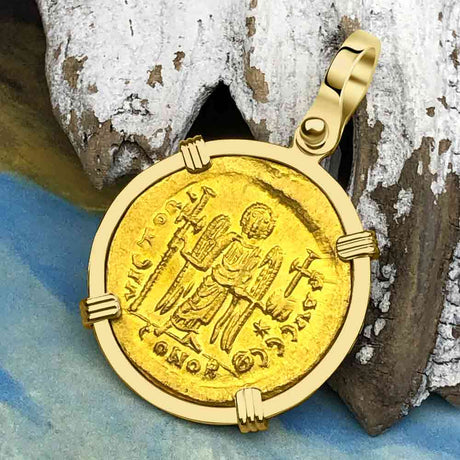 Roman Byzantine Empire Victory Angel 24K Gold Solidus Coin circa 518 AD 18K Gold Pendant
