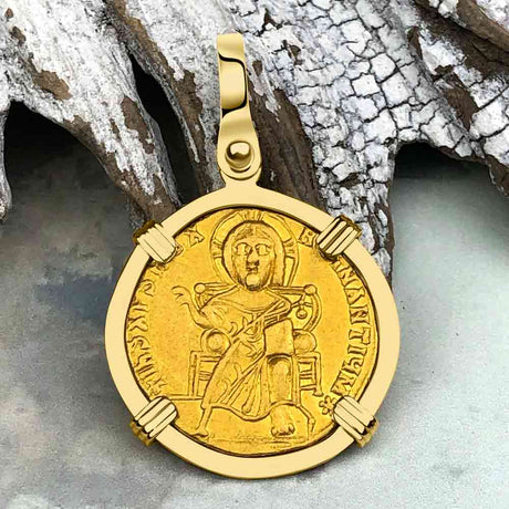 Extremely Rare Byzantine Jesus Christ King of Kings 24K Gold Solidus Coin Circa 867 AD 18K Gold Pendant