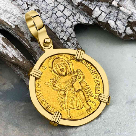 Extremely Rare Byzantine Jesus Christ King of Kings 24K Gold Solidus Coin Circa 867 AD 18K Gold Pendant