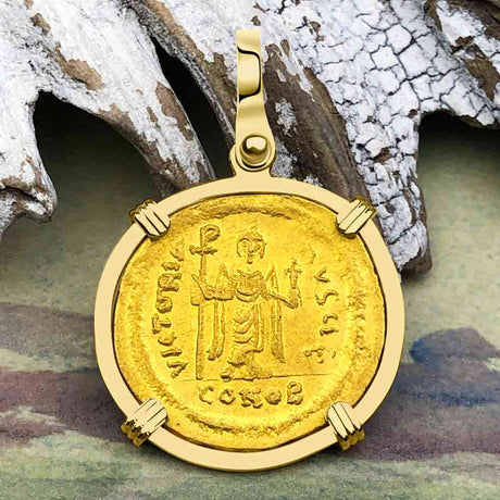 Byzantine Empire 24K Gold Angel Solidus Coin Circa 607 AD in 18K Gold Pendant