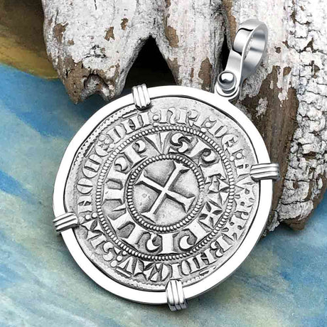 Templar Knights Era Medieval France Silver Gros Tournois circa 1290 Crusader Cross Coin 14K White Gold Pendant