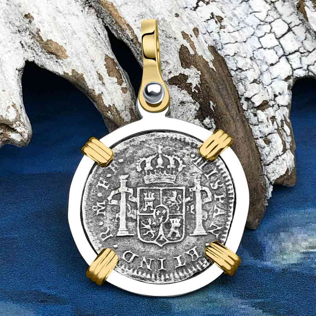 El Cazador Shipwreck 1783 1/2 Reale Piece of 8 14K Gold and Sterling Silver Pendant